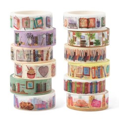 12 Roll Book Lover Washi Tape Set Library Coffee Theme Scrapbooking Journaling