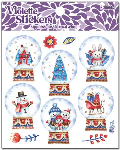 Violette Stickers 2 Sheets Christmas Snow Globes Red Blue Snowmen Sleigh Cottage