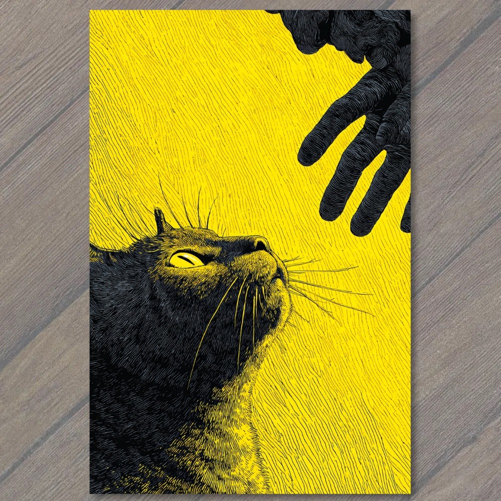 STICKER Black Cat Yellow Field Reaching Hand Linocut Engraving Texture