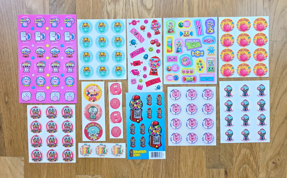 147 BUBBLEGUM SNIFF Stickers GRAPE Rainbow CHERRY Mello Smellos 1990’s MACHINES