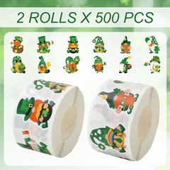 1000 Pcs St. Patrick’s Day Stickers Roll Cartoon Gnome Lucky Clover Self-Adhes