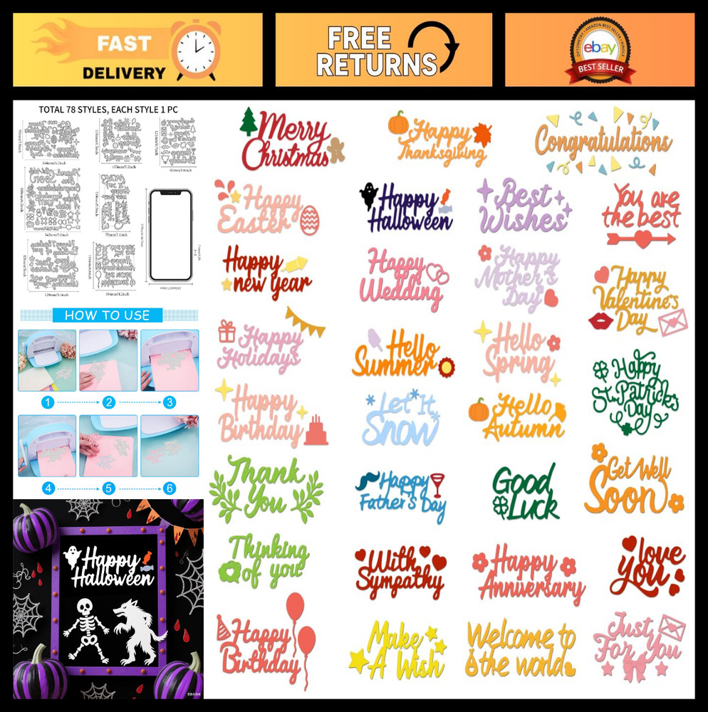 78pcs Holiday Word Die Cuts for Card Making, Birthday, Wedding, Halloween, DIY S