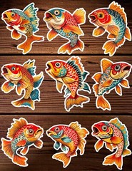 Vintage Tattoo Style Fish Vinyl Stickers Set Scrapbooking Laptop Waterbottle