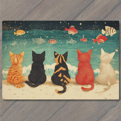 STICKER Adorable Cats Watching Fish Beach Scene Coastal Charm Fun Seaside Fun