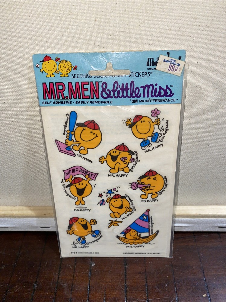 1971 SCRATCH N SNIFF MR. MEN AND LITTLE MISS STICKERS SEE THRU MARK 1 Mr. Happy