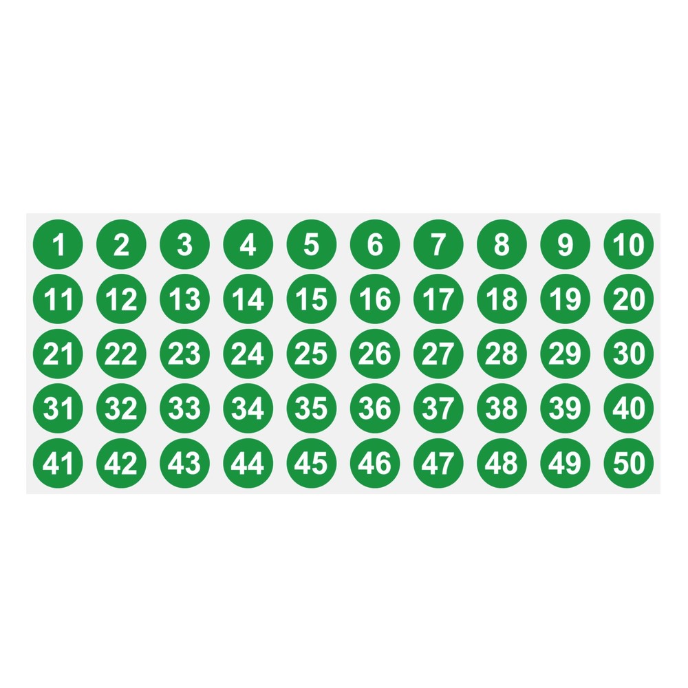 1 to 50 Number Stickers 1 Inch, Consecutive Vinyl Round Labels Dot Decals, Green
