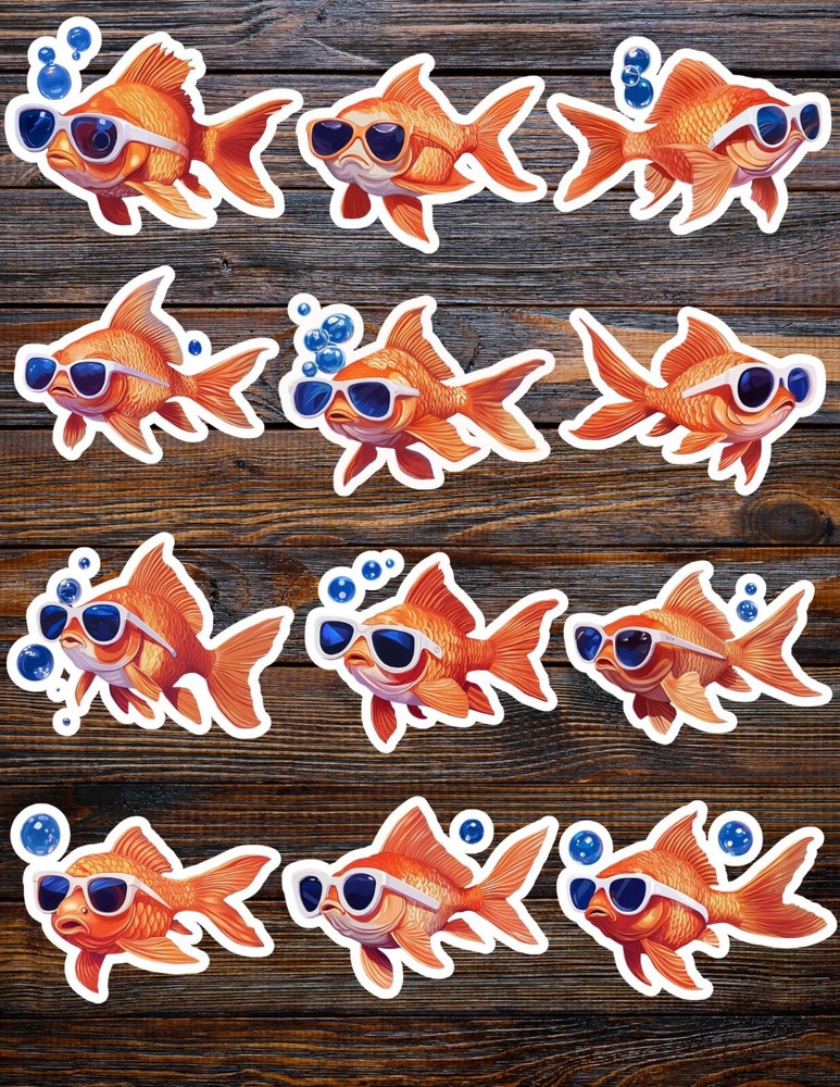 Cool Guy Goldfish Die Cut Vinyl Stickers Set Scrapbooking Laptop Waterbottle