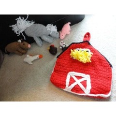 Hand Crochet Barn Farm 5 Animals Tote Toys Cow Rooster Duck Pig Horse Farmer