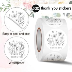 500 PCS 1.5 Inch Thank You Stickers for Small Business, Baking, Line Flowers 1