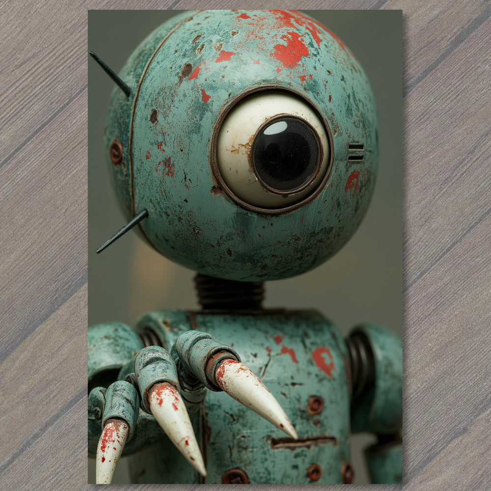 STICKER Rusty Big Eyed Robot With Spiked Hands Blue Red Grunge Surface