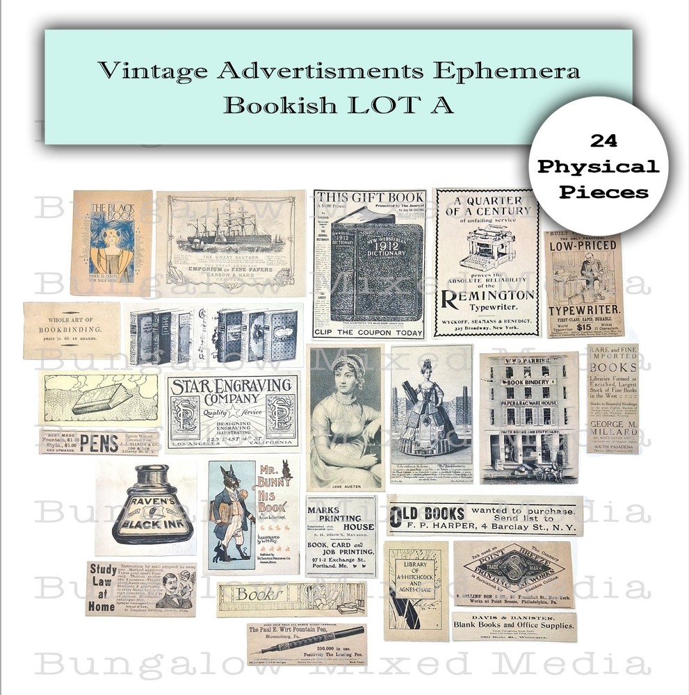 BOOKISH 24pc LOT A Ephemera Vintage Ads Paper Pack Junk Journal Collage Art