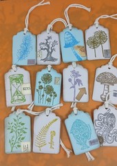 19 HAND PUNCHED & DECORATED JOURNAL EMBELLISHMENT TAGS 2 SIZES & COLORS W/STRING