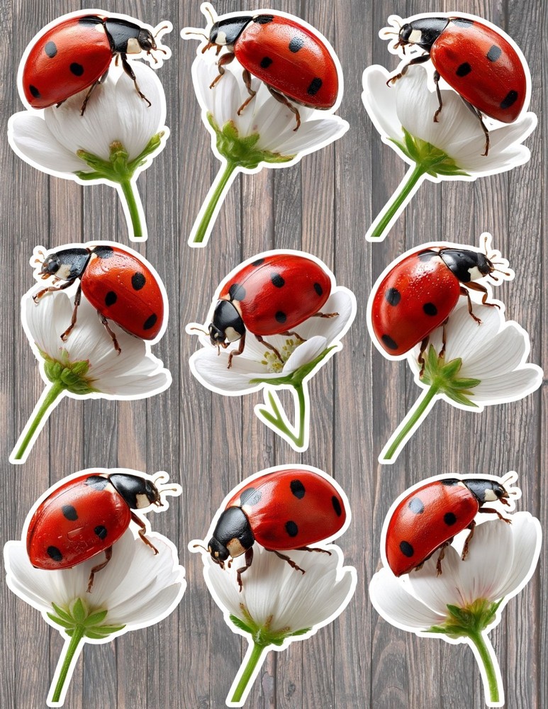 Ladybug on a Flower Die Cut Vinyl Stickers Set Notebook Laptop WaterBottle