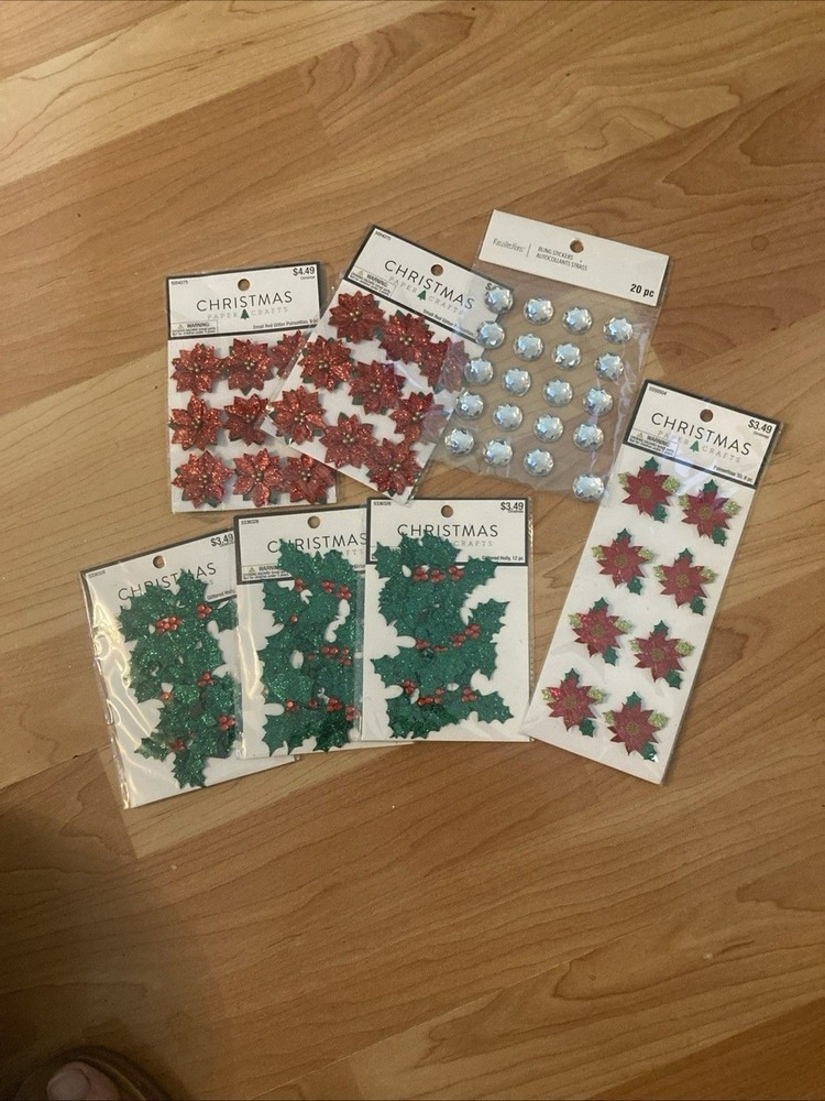 Lot Of Christmas Paper Crafts Poinsettias Holly Leaves Stone Bling Scrapbooking