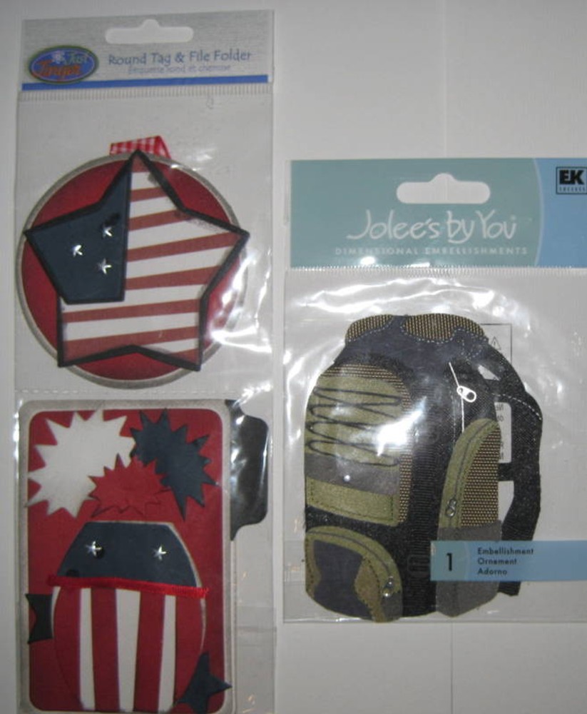 Embellishments (1) Camping Back Pack (1) Patriotic Round Tag & File Folder