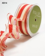 MAY ARTS RIBBONS~SHEER STRIPE~CHIC RED & IVORY~WIRE EDGE~1.5 INCH X 1 YARD!