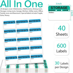 600 Count 3 x 2 Large Home Moving Packing Box Labels for 3-4 Bedroom House with