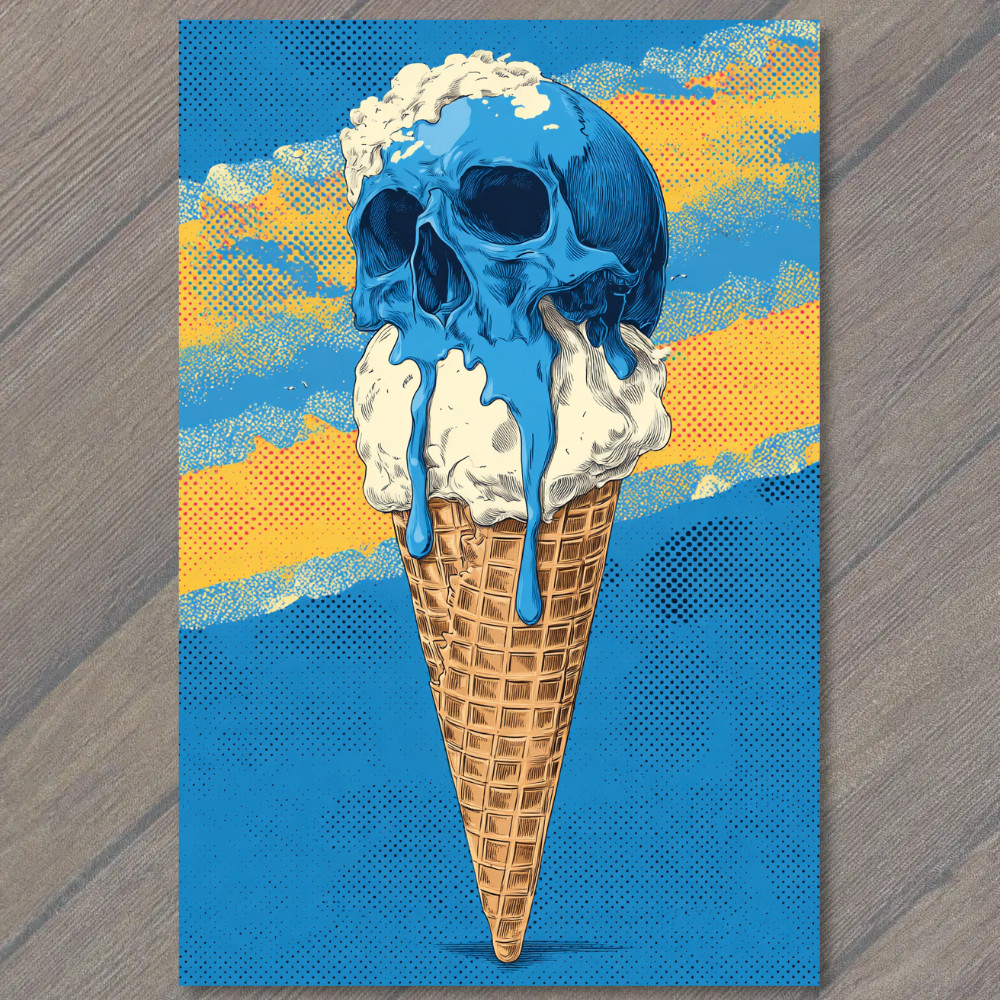 STICKER Spooky Skull Cone Ice Cream Blue Melted Waffle Creepy Sweet Funny