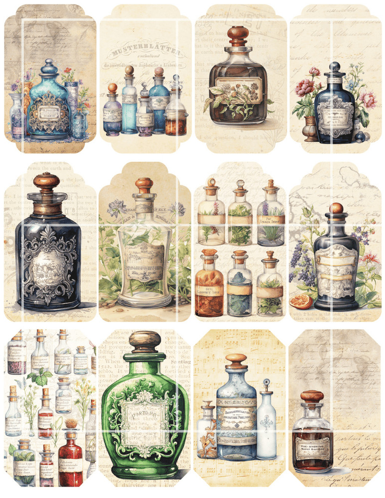 12 Vintage Jar Tags Set B, Card Toppers Supply Scrapbook Junk Journal Crafts