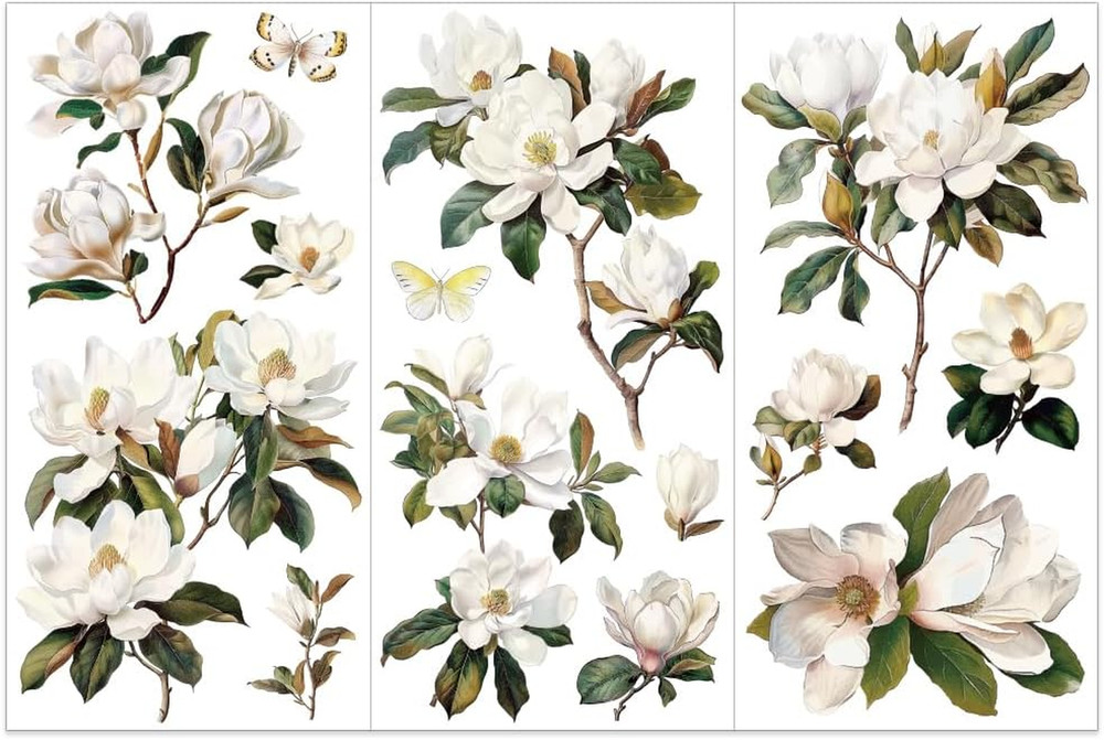 OLYCRAFT 3Pcs/Set White Magnolia Rub on Transfers for Crafts and Furniture 6X12