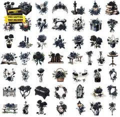 50 Pcs Dark Aesthetic Gothic Transparent Stickers,Black Rose Flower Stickers Pac