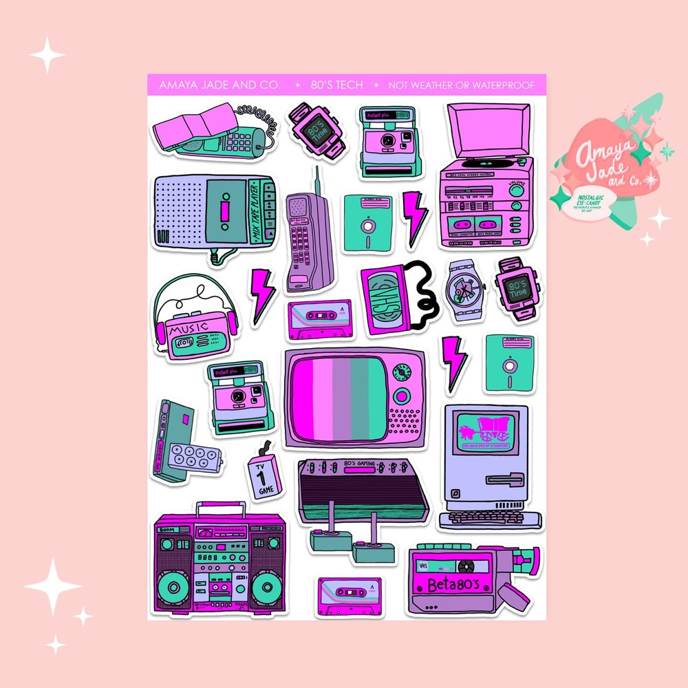 New 80s Technology Sticker Sheet Perfect for Scrapbooking or Party Favors