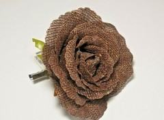 Blooming Autumn Burlap Rose Clip-On – BROWN/GOLD METALLIC