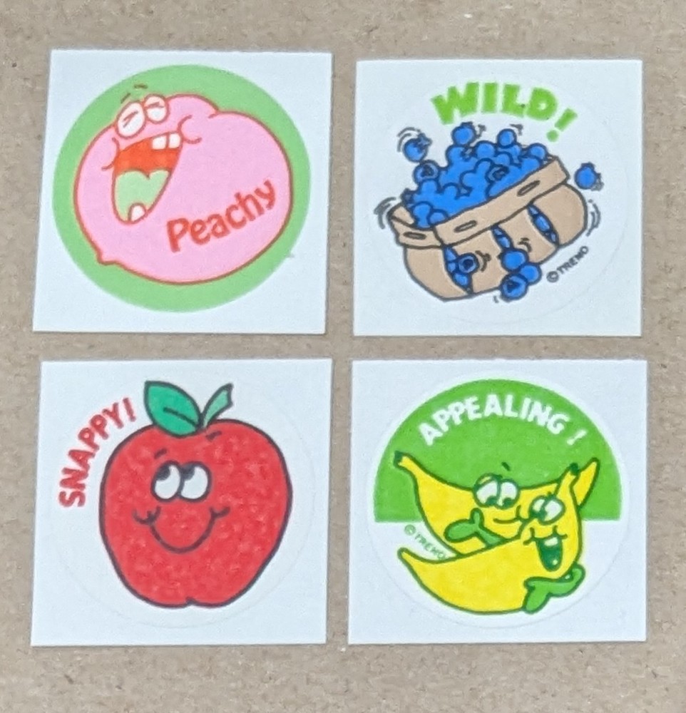 Vtg Matte Trend Peach Blueberry Apple Banana Scratch & Sniff Stickers Set of 4