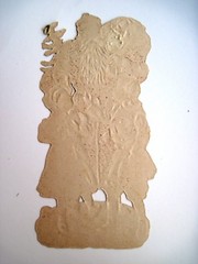 1800’s Large Christmas Die Cut w/ Santa Holding Small Tree & Boy & Girl *