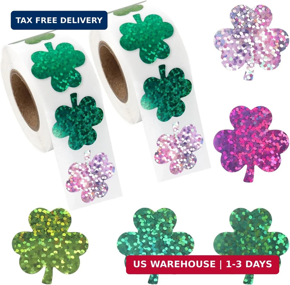 1000 PCS St Patricks Stickers for Kids 2 Rolls Sparkly Shamrock Stickers 5 Desig
