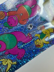 2 Barney Holographic Glitter Sticker Sheets Babybop & BJ Mello Smello 1997 NOS