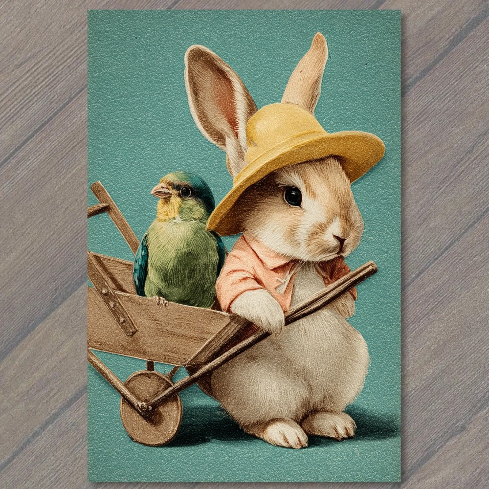 STICKER Bunny Wheelbarrow Songbird Straw Hat Storybook Spring Rabbit