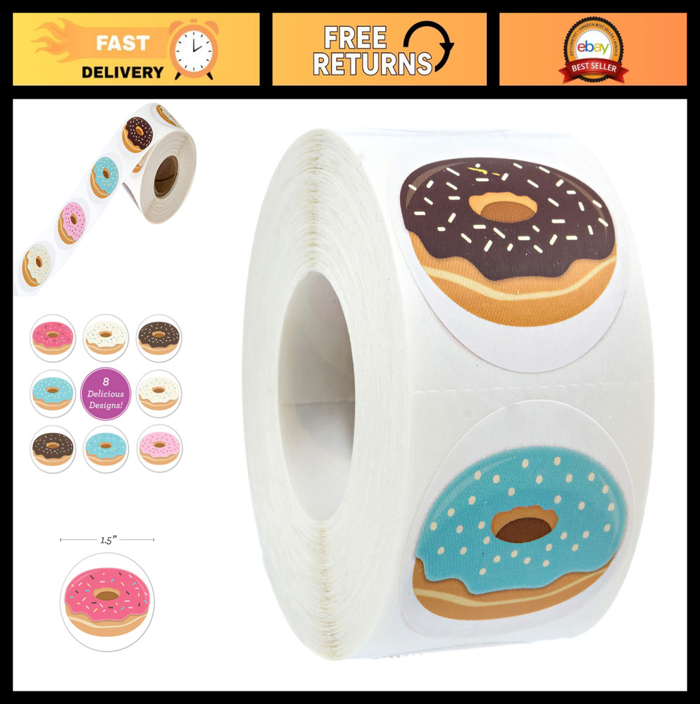 Adorable Donut Stickers – 500 Roll Labels, 1.5″ Food Party Envelope Seals, 8 Des