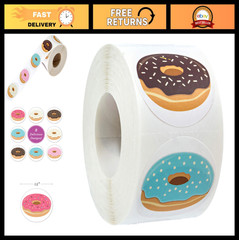 Adorable Donut Stickers – 500 Roll Labels, 1.5″ Food Party Envelope Seals, 8 Des
