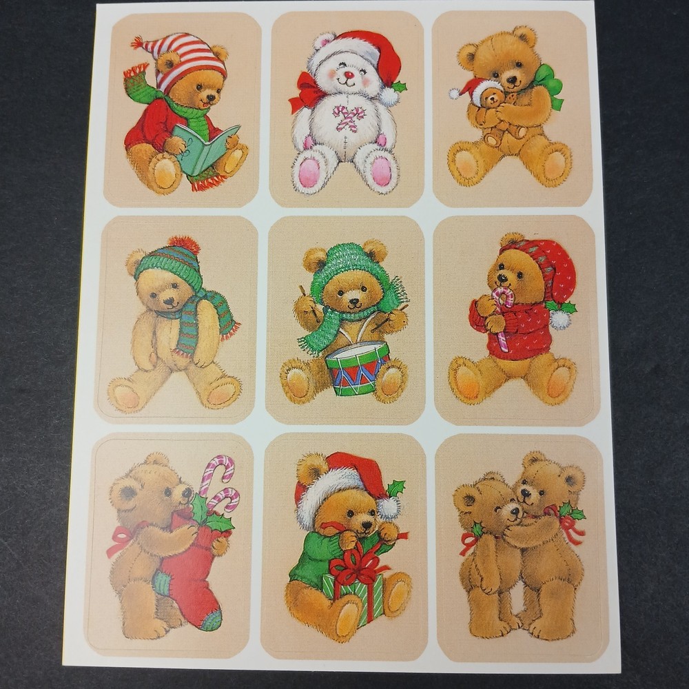 Vintage Stickers Christmas Teddy Bears 1 Sheet 9 pieces