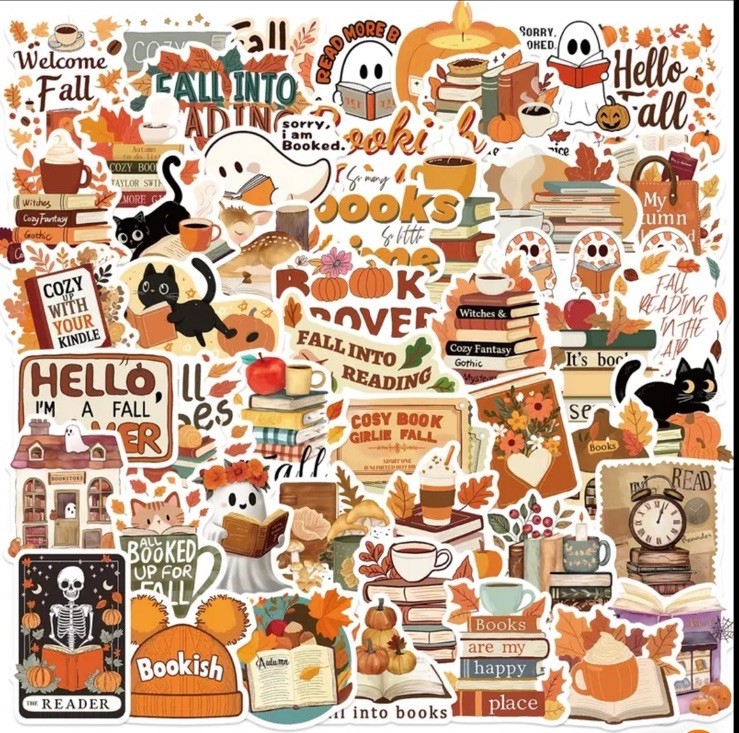 10pcs Fall Book Lovers Stickers- Scrapbook, Journal, DIY Crafts- Halloween