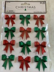 CHRISTMAS PAPER CRAFTS CHRISTMAS FLITTER BOWS GREEN & RED W/ PEARL CENTER BOWS