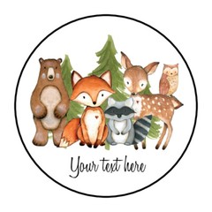 30 1.5″ PERSONALIZED WOODLAND ANIMAL BABY SHOWER FAVOR LABELS ROUND STICKERS