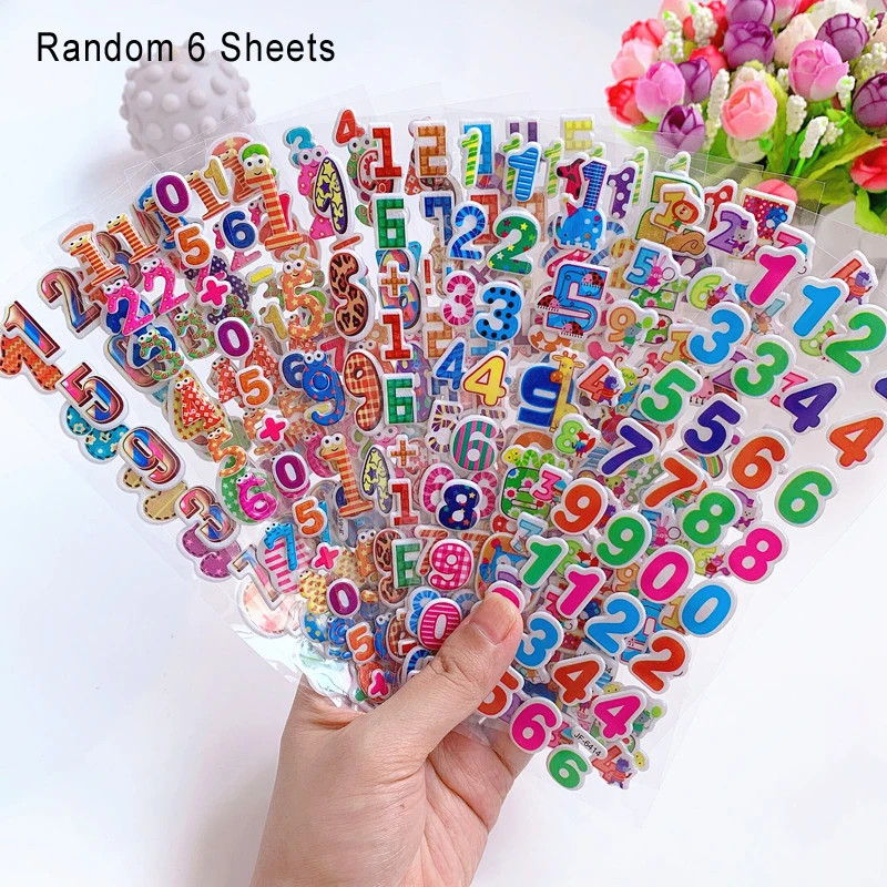 6 Sheets Kids Stickers 3D Puffy Bulk Cartoon English Alphabet Letters Number
