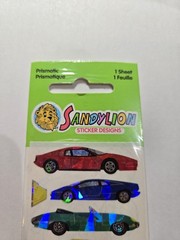 Vintage SandyLion Prismatic Race Cars Stickers Sealed Red, Green, Blue Yellow