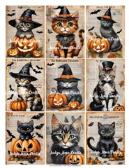 (9) Halloween Retro Cat Collage Glossy Stickers~Scrapbooks~Labels~Parties~#318S