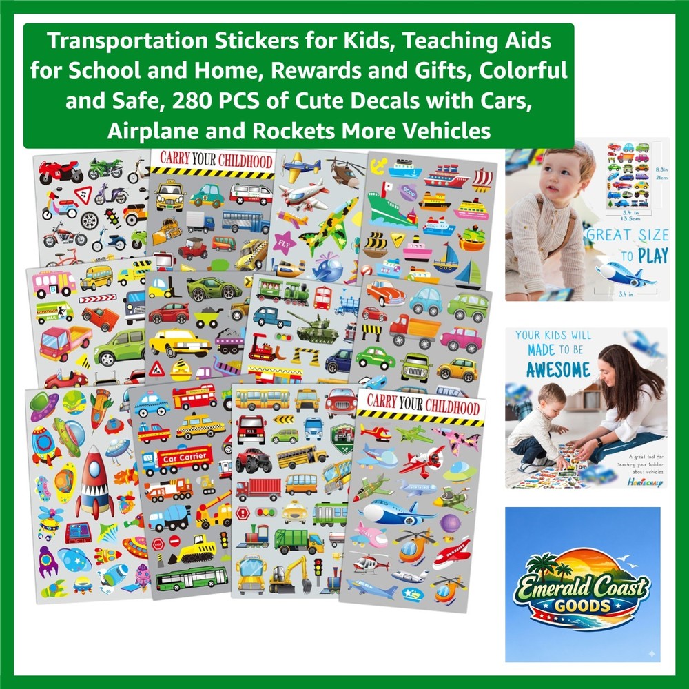 Safe and Colorful 280 PCS Transportation Stickers – Perfect for Classroom & Fun!