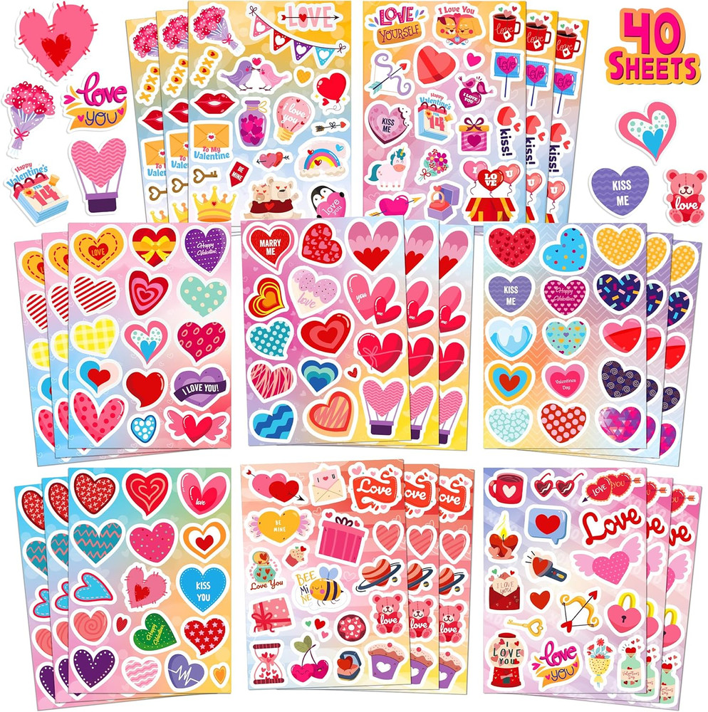 Valentines Heart Stickers for Kids, 40 Sheets, 665PCS Valentines Day Love Sticke