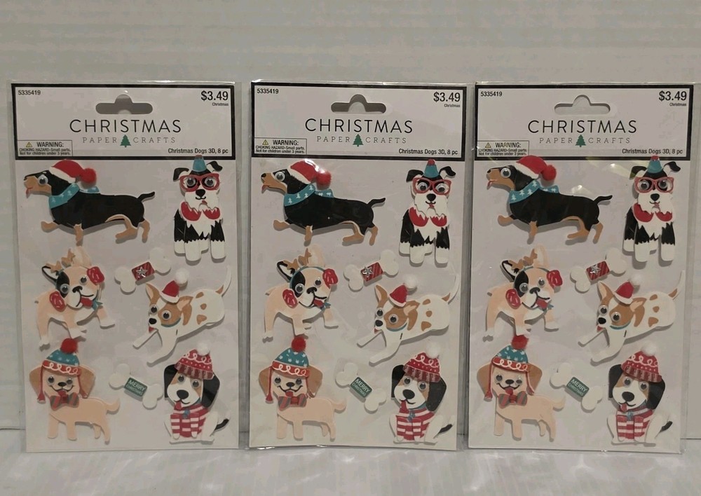 Christmas Paper Crafts Dimensional Stickers- Christmas Dogs Puppy-lot Of 3