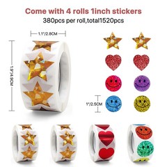Teacher Reward Sticker Dispenser with 1520 Gold Star, Heart & Smiley Stickers