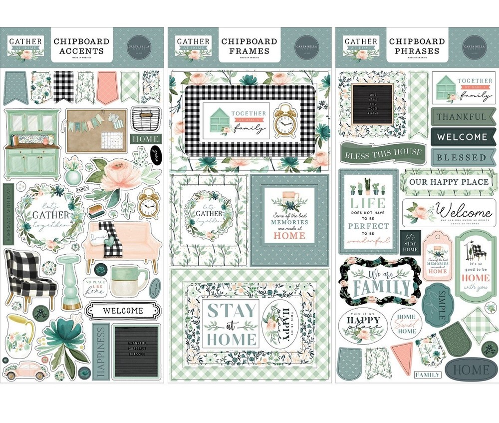 GATHER AT HOME (3) 6″x13″ CHIPBOARD SET Carta Bella Accents Phrases Frames