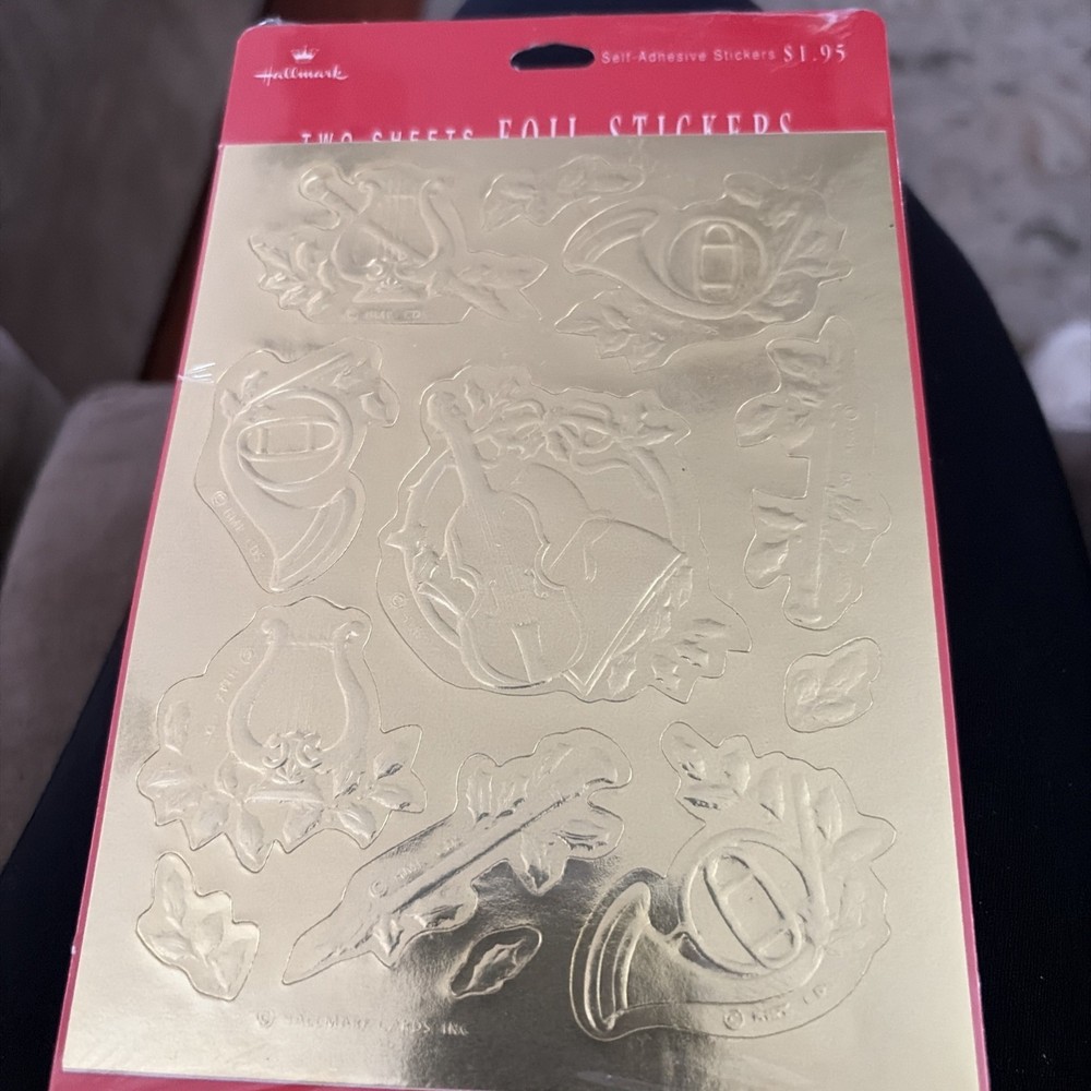 Vintage Hallmark Stickers Gold Foil Christmas Instruments 2 Sheet New Pack
