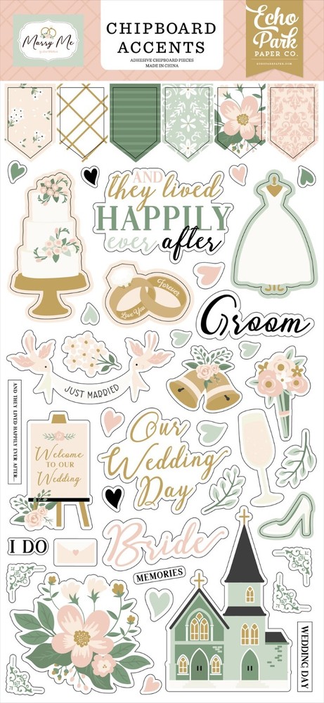 New! Echo Park Paper MARRY ME Wedding 6×13 Sheet Adhesive Chipboard Accents