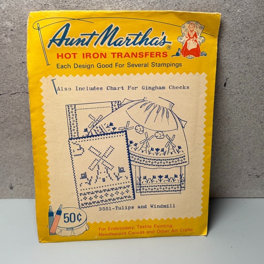 VTG MCM Transfer Pattern Hot Iron On Aunt Martha’s Danish Windmill Tulips Dutch