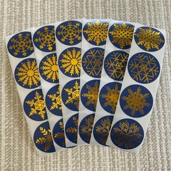 24 Gold Snowflake Stickers, 1.5” Blue Winter Envelope Seals, Holiday Gift Labels